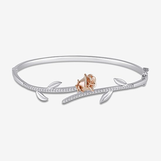 Womens 1/4 CT. T.W. Natural White Diamond 14K Rose Gold Over Silver Sterling Silver Flower Beauty and the Beast Belle Princess Bangle Bracelet