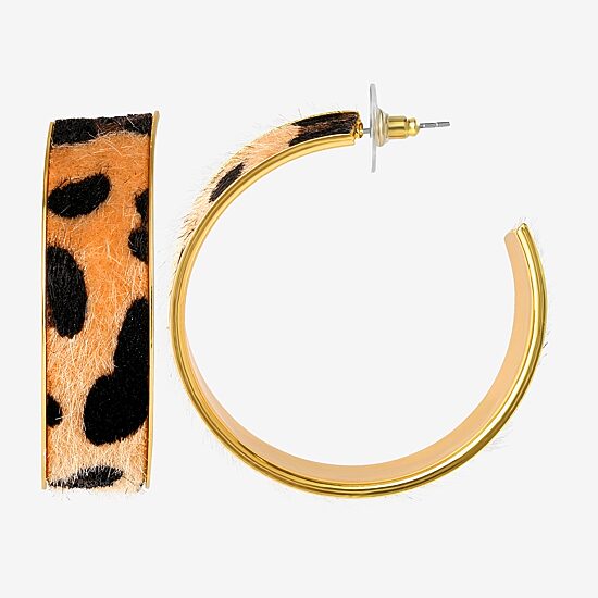 JS Jessica Simpson Gold Tone Leopard Print Womens 50.6mm Hoop Earrings
