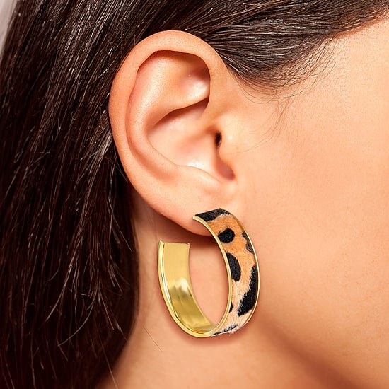 JS Jessica Simpson Gold Tone Leopard Print Womens 50.6mm Hoop Earrings