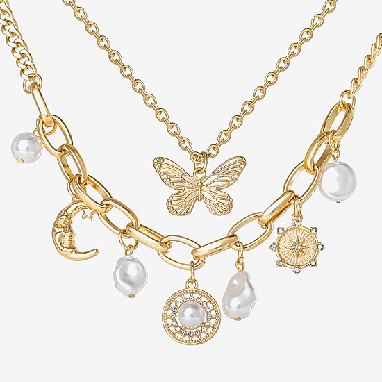JS Jessica Simpson Gold Tone Charm & Pendant Womens Glass Butterfly Moon Star 2-pc. Necklace Set