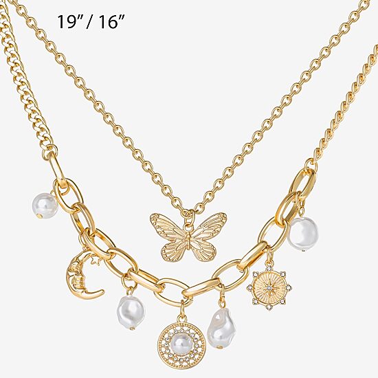 JS Jessica Simpson Gold Tone Charm & Pendant Womens Glass Butterfly Moon Star 2-pc. Necklace Set
