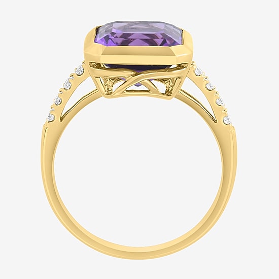 Effy Final Call Limited Quantities! Genuine Purple Cushion Amethyst and 1/6 CT.T.W. Cocktail Ring in 14K Gold