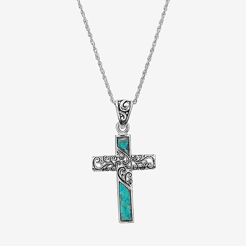 Womens Enhanced Blue Turquoise Sterling Silver Cross 18 Inch Pendant Necklace, One Size, Blue