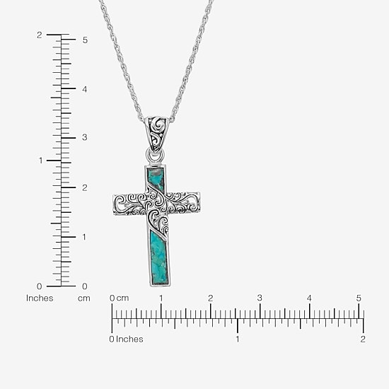 Womens Enhanced Blue Turquoise Sterling Silver Cross 18 Inch Pendant Necklace