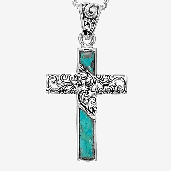 Womens Enhanced Blue Turquoise Sterling Silver Cross 18 Inch Pendant Necklace