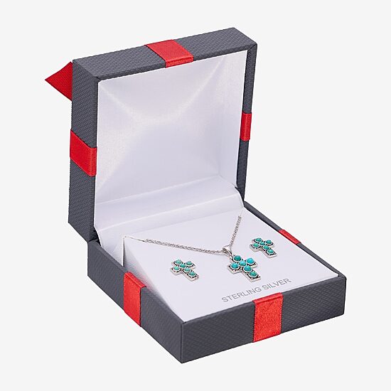 Cross Womens Enhanced Blue Turquoise Sterling Silver Cross Jewelry Set