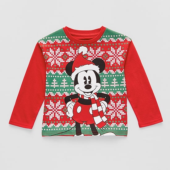 Toddler Boys Crew Neck Long Sleeve Regular Fit Mickey Mouse Graphic T-Shirt