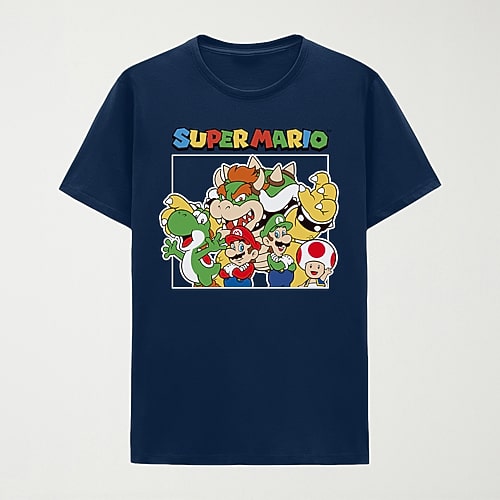 Mens Crew Neck Short Sleeve Regular Fit Super Mario Graphic T-Shirt, Small, Blue