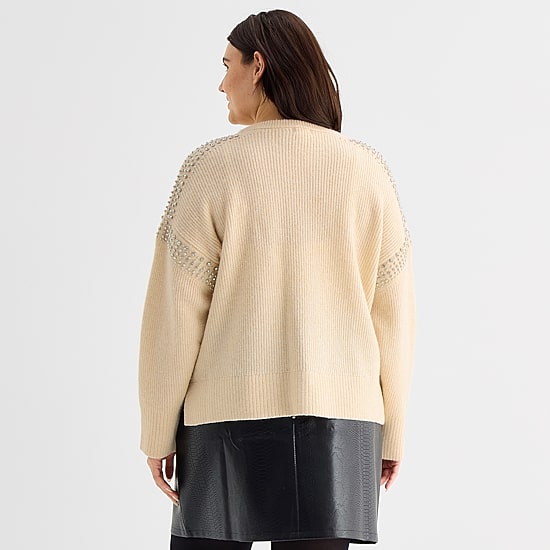 A.N.A Womens Plus Crew Neck Embellished Long Sleeve Pullover Sweater