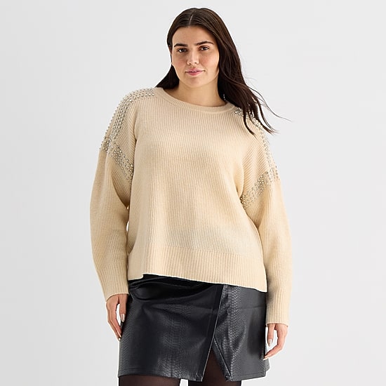 A.N.A Womens Plus Crew Neck Embellished Long Sleeve Pullover Sweater