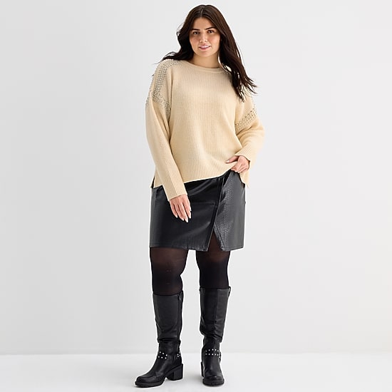 A.N.A Womens Plus Crew Neck Embellished Long Sleeve Pullover Sweater