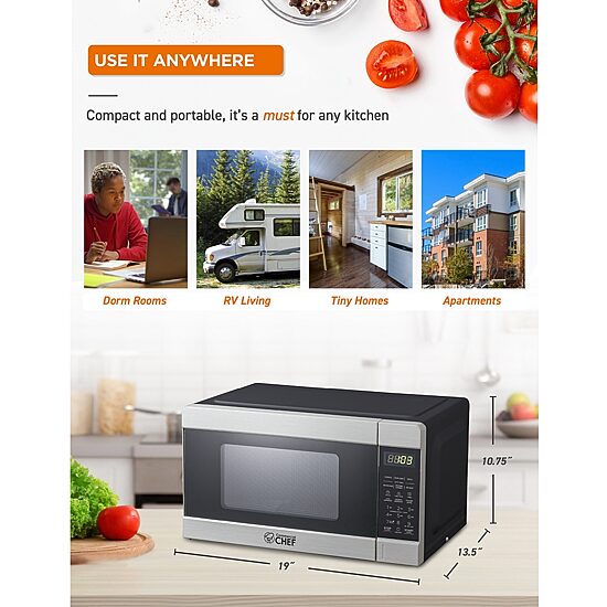 Commercial Chef 0.9-Cu. Ft. Countertop Microwave with Push Button Door Release - Stainless Steel Trim