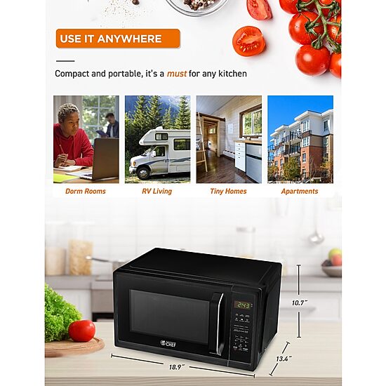 COMMERCIAL CHEF 0.9 Cu. Ft. Countertop Microwave with Touch Controls & Digital Display & 10 Power Levels