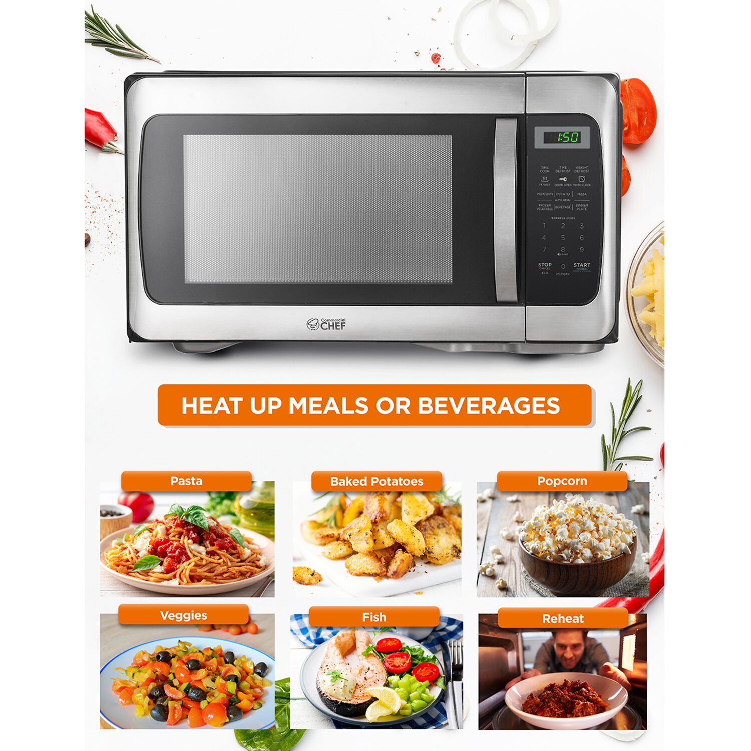 COMMERCIAL CHEF 1.1 Cu. Ft. Countertop Microwave with Digital Display Stainless Steel Microwave & 10 Power Levels
