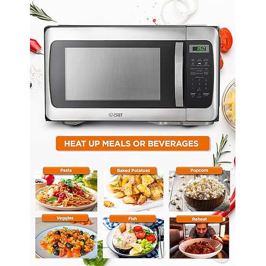 COMMERCIAL CHEF 1.1 Cu. Ft. Countertop Microwave with Digital Display Stainless Steel Microwave & 10 Power Levels