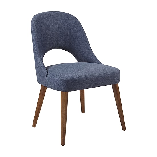 One navy blue upholstered dining chair with wooden legs against a white background.