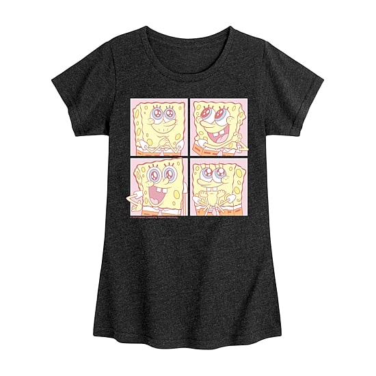 Cute Face Grid Big Kid Girls Crew Neck Short Sleeve Classic Fit Spongebob Graphic T-Shirt