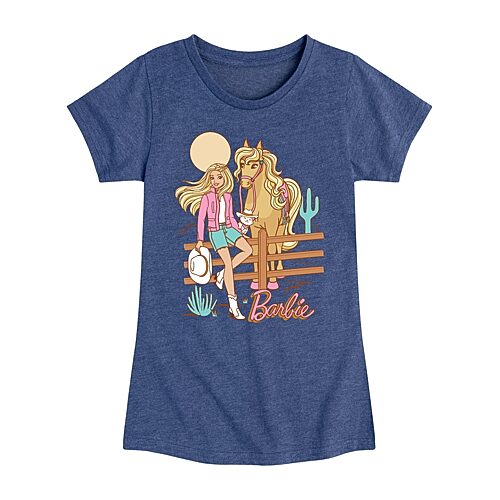 Desert Cowgirl Big Kid Girls Crew Neck Short Sleeve Classic Fit Barbie Graphic T-Shirt, Medium, Blue