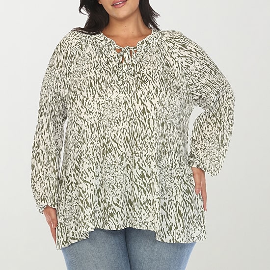 White Mark Womens Plus Split Tie Neck Long Sleeve Blouse
