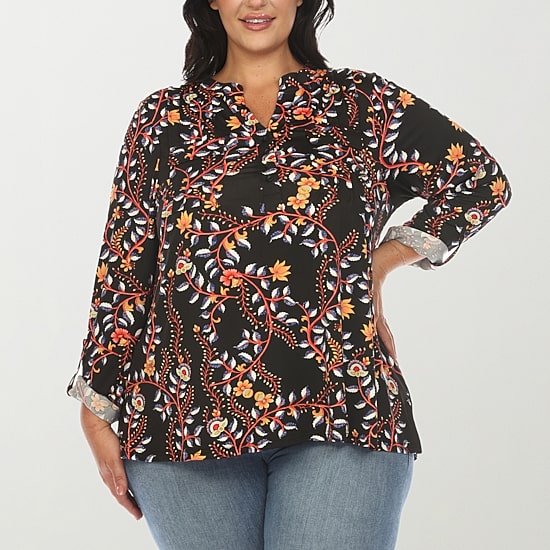 White Mark Womens Plus V Neck Long Sleeve Blouse