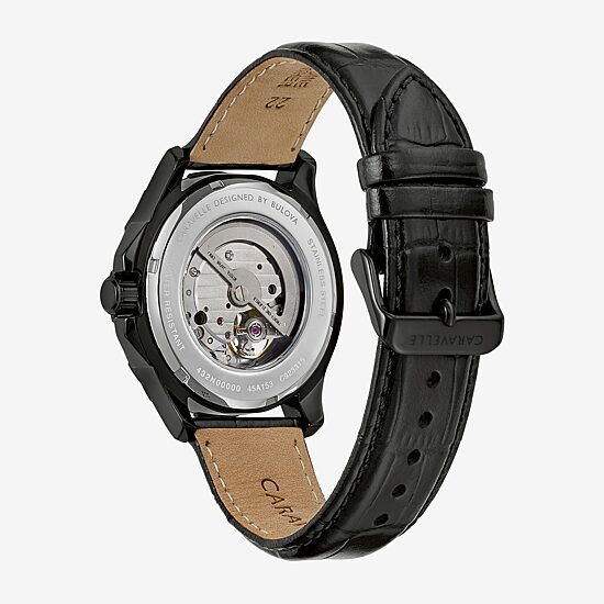 Caravelle Designed By Bulova Automatic Mens Black Leather Strap Watch 45a153