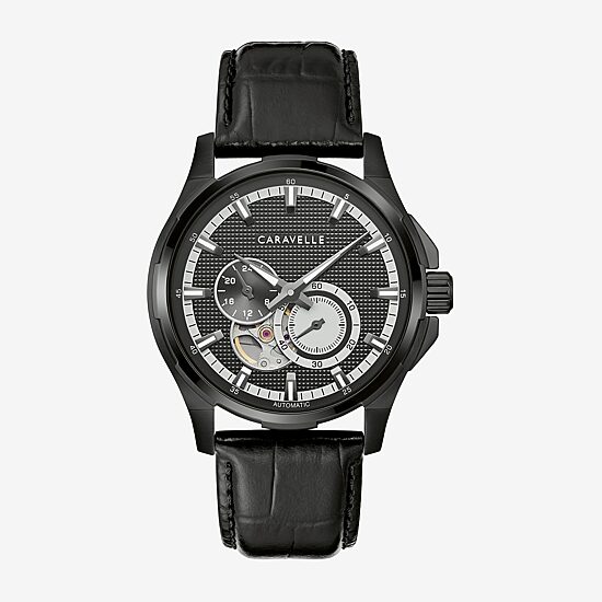 Caravelle Designed By Bulova Automatic Mens Black Leather Strap Watch 45a153