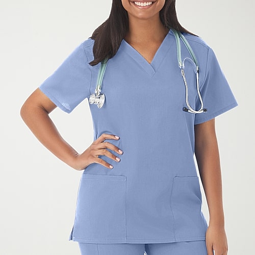 Fundamentals By White Swan 14700 2-Pocket Womens V Neck Short Sleeve Scrub Top, Small, Blue