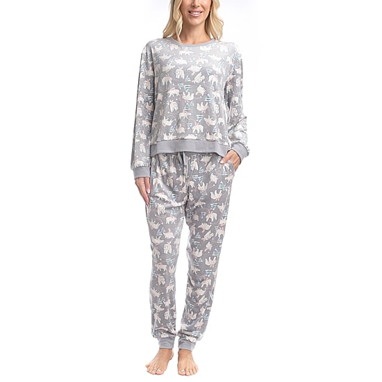 Muk Luks Womens Velour Crew Neck Long Sleeve 2-pc. Pajama Set