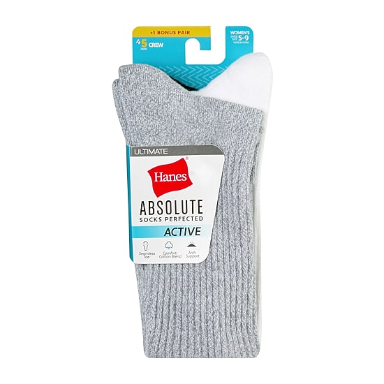 Hanes Absolute Active Heel Tab Womens 5 Pair Crew Socks