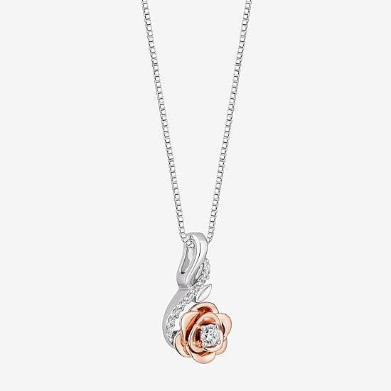 Enchanted Disney Fine Jewelry Belle(I, I2) Womens 1/10 CT. T.W. Lab Grown White Diamond 14K Rose Gold Over Silver 18 Inch Pendant Necklace