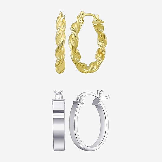 Womens 10K Gold Sterling Silver Oval Round 2 Pair Earring Set