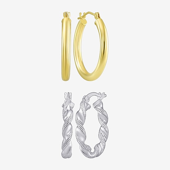 Womens 10K Gold Sterling Silver Oval Round 2 Pair Earring Set