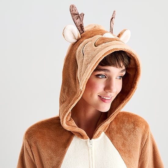 North Pole Trading Co. Reindeer Unisex Adult Plush Long Sleeve Hooded Matching Family One Piece Pajama