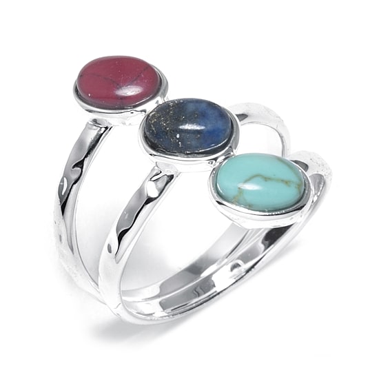 Sparkle Allure Simulated Red Jasper Simulated Turquoise Sodalite Pure Silver Over Brass Cocktail Ring