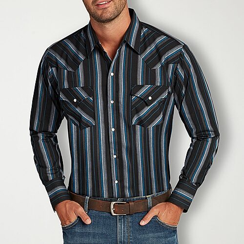 Ely Cattleman Stripe Big and Tall Mens Long Sleeve Western Shirt, X-large Tall, Black