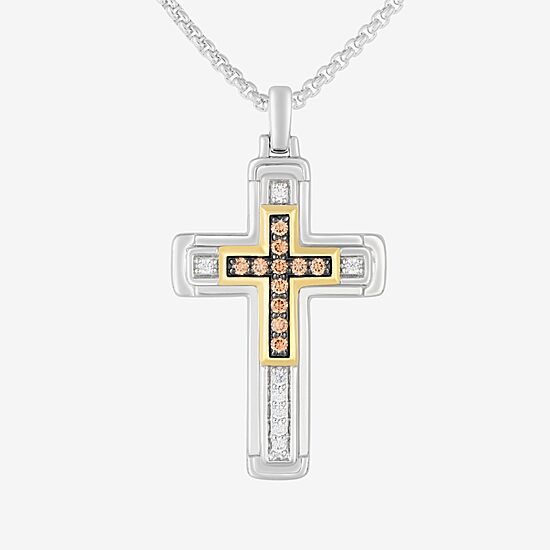Mens 1/3 CT. T.W. Natural White Diamond 14K Gold Over Silver Sterling Silver Cross 22 Inch Pendant Necklace