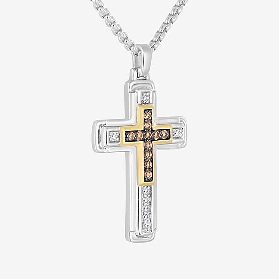 Mens 1/3 CT. T.W. Natural White Diamond 14K Gold Over Silver Sterling Silver Cross 22 Inch Pendant Necklace