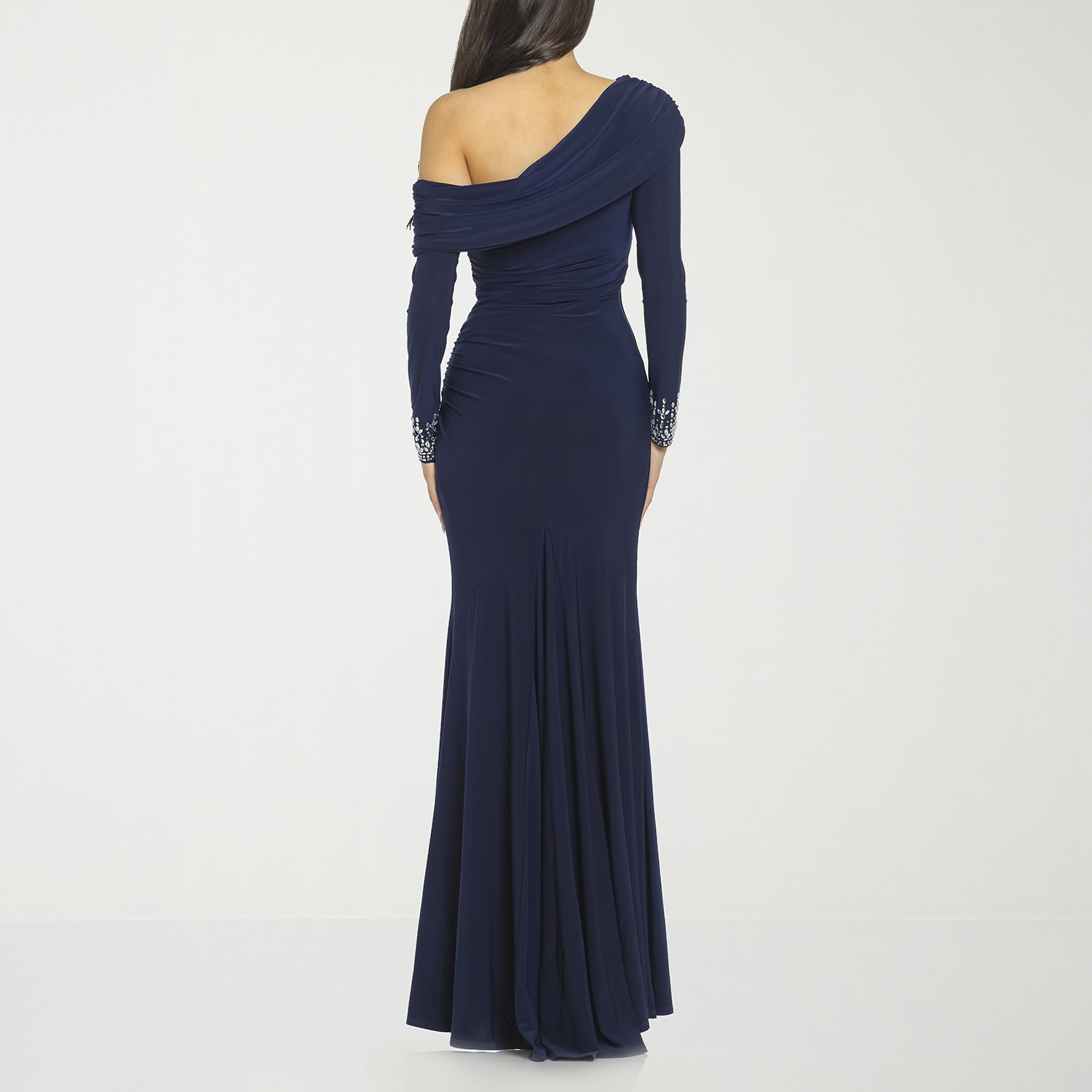 Premier Amour Womens Asymmetrical Neck Long Sleeve Off the Shoulder Embellished Evening Gown