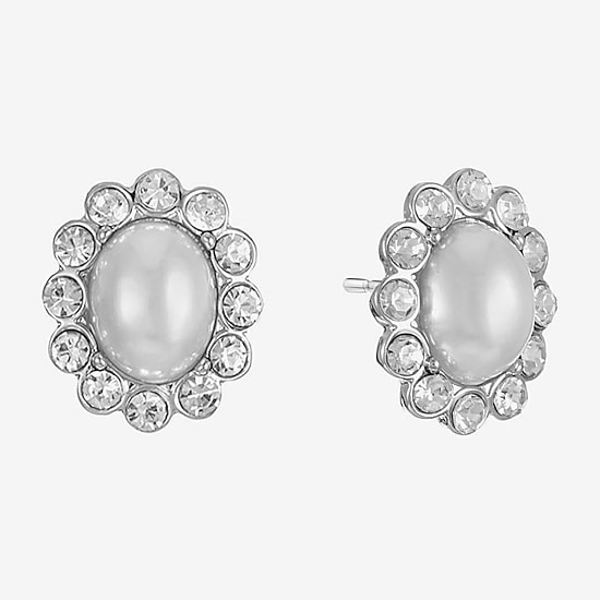 Monet Jewelry Timeless Silver Tone Halo Glass Simulated Pearl 17mm Oval Stud Earrings