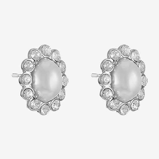 Monet Jewelry Timeless Silver Tone Halo Glass Simulated Pearl 17mm Oval Stud Earrings