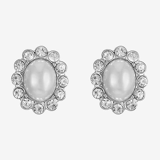 Monet Jewelry Timeless Silver Tone Halo Glass Simulated Pearl 17mm Oval Stud Earrings