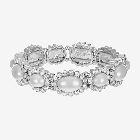 Monet Jewelry Timeless Silver Tone Halo Womens Glass Simulated Pearl Oval Stretch Bracelet