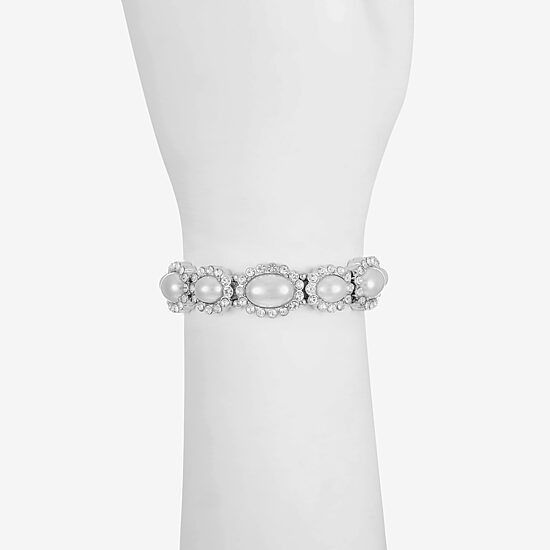 Monet Jewelry Timeless Silver Tone Halo Womens Glass Simulated Pearl Oval Stretch Bracelet