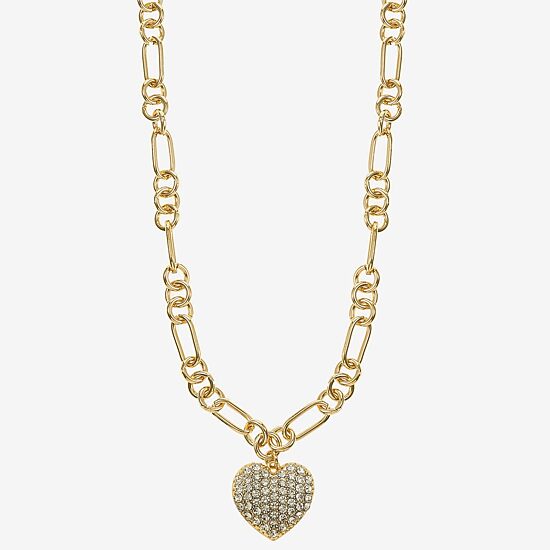 Liz Claiborne Gold Tone Pave Womens Glass Heart 28 Inch Pendant Necklace