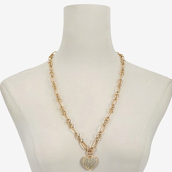 Liz Claiborne Gold Tone Pave Womens Glass Heart 28 Inch Pendant Necklace