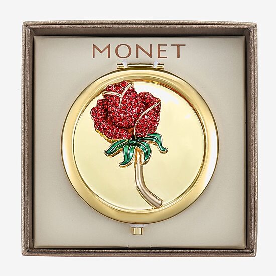 Monet Jewelry Gold Tone Red Rose Gold Tone Flower Compact Mirror