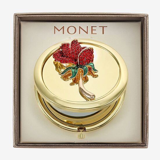 Monet Jewelry Gold Tone Red Rose Gold Tone Flower Compact Mirror