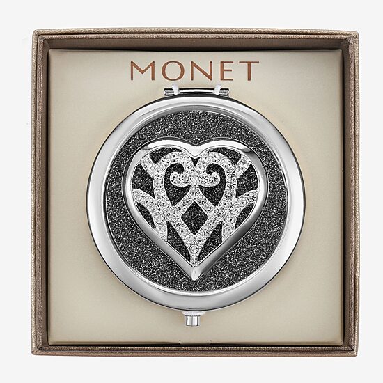 Monet Jewelry Silver Tone Filigree Silver Tone Heart Compact Mirror