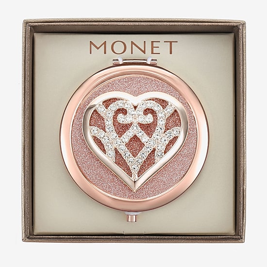 Monet Jewelry Rose Tone Filigree Rose Tone Heart Compact Mirror