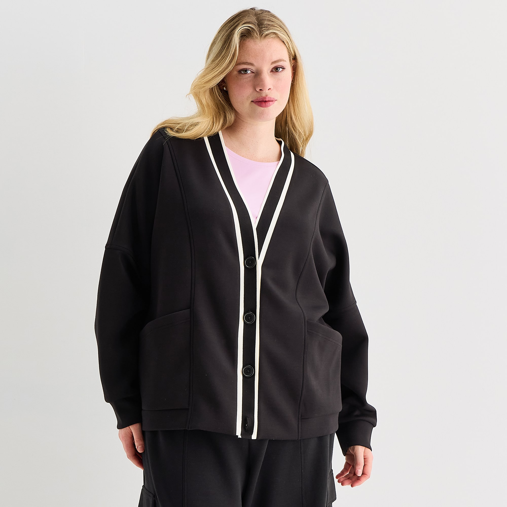 Stylus Womens Plus Y Neck Long Sleeve Button Cardigan
